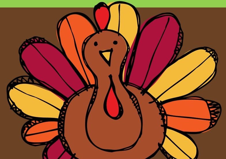Cartoon turkey with a brown body, red, orange and yellow feathers.