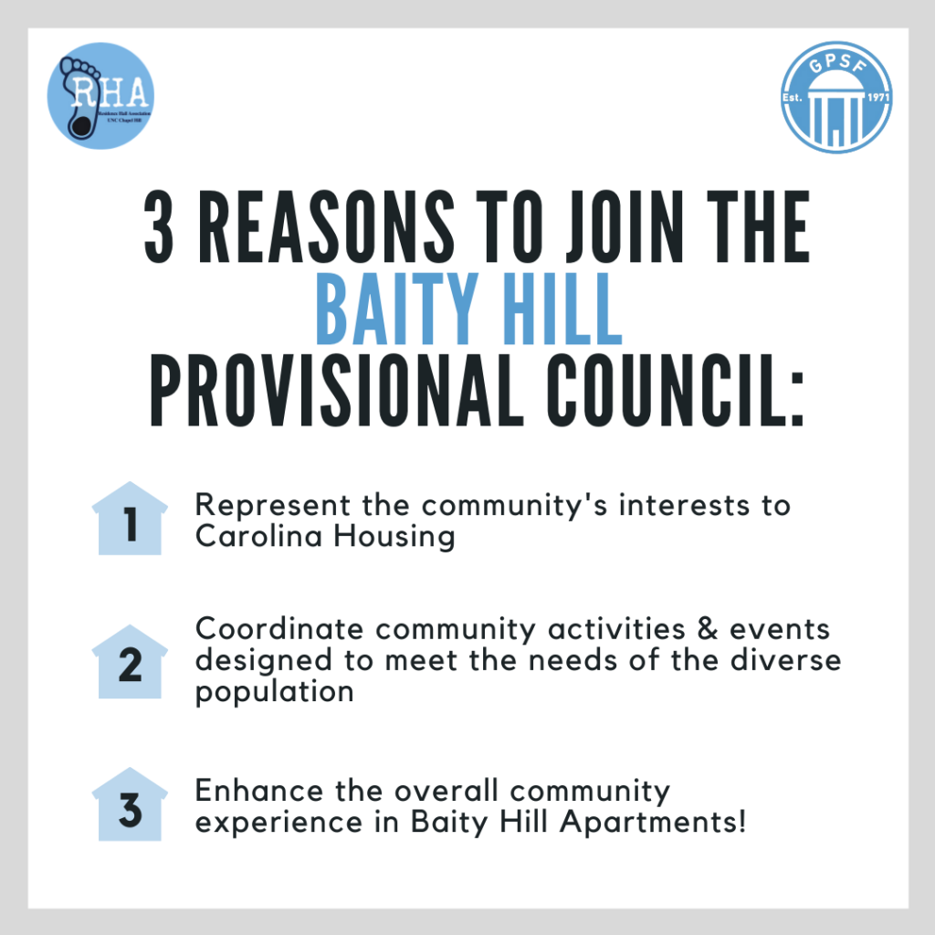 3 Reasons to Join the Baity Hill Provisional Council:
Represent the community's interests to Carolina Housing
Coordinate community activities & events designed to meet the needs of the diverse population
Enhance the overall community experience in Baity Hill Apartments!