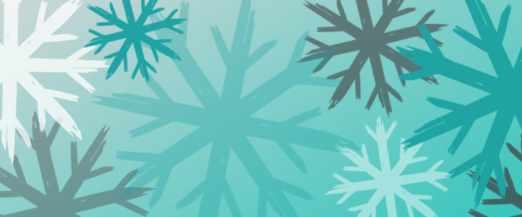 Varying sizes of snowflakes in a teal, white and grey color on a lighter teal background.